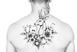 Casino theme with deer cards, dice poker, chips, and flowers and swirls in the background for a sleeve half sleeve tattoo idea