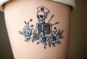 Pretty Nurse skeleton holding a needle with peonies and honey combs background tattoo idea