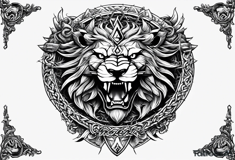 Valhalla sword shield dragon axe Valknut barbed wire chains lion tattoo idea