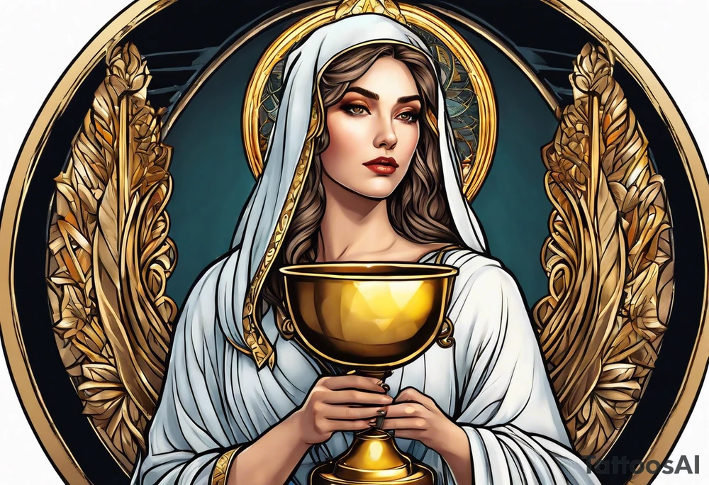 woman saint holding chalice surrounded by golden halo sideways tattoo idea