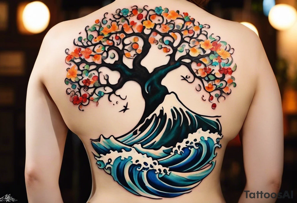 an abstract Tree of Life tattoo. It should have roots growing out of the bottom. The roots slowly turn into water from the Great Wave by Hokusai. A golf flag should be placed discreetly growing out of the ground. 2 license plate tags should be hanging from the tree. Place a few music notes in the areas the leaves should be. The letters A U should be engraving into the tree trunk in a heart. Not inside a circle. The overall shape of the tattoo should be organic. Black and white only. tattoo idea