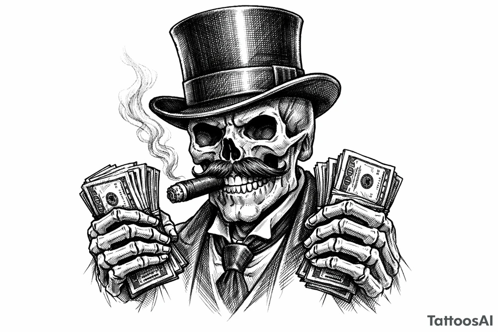 skull with mustache,top-hat,cigar in his mouth,money in both hands. tattoo idea
