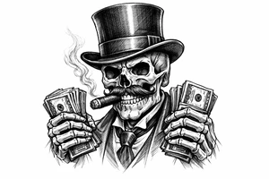 skull with mustache,top-hat,cigar in his mouth,money in both hands. tattoo idea