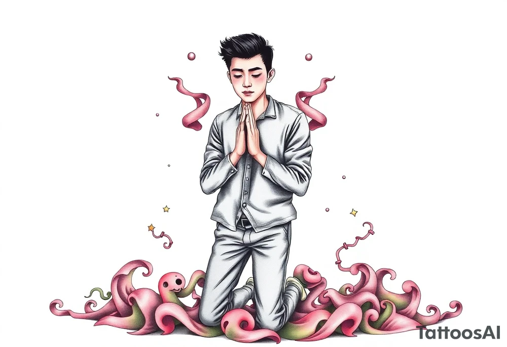 Handsome Asian young guy is standing on his knees apologising tattoo idea