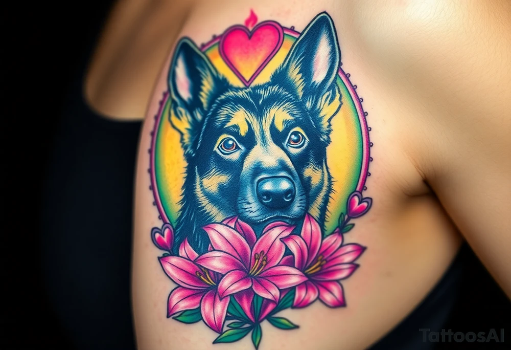 realistic german shepherd with alert ears looking protective with pink lilies in front of a sacred heart tattoo idea