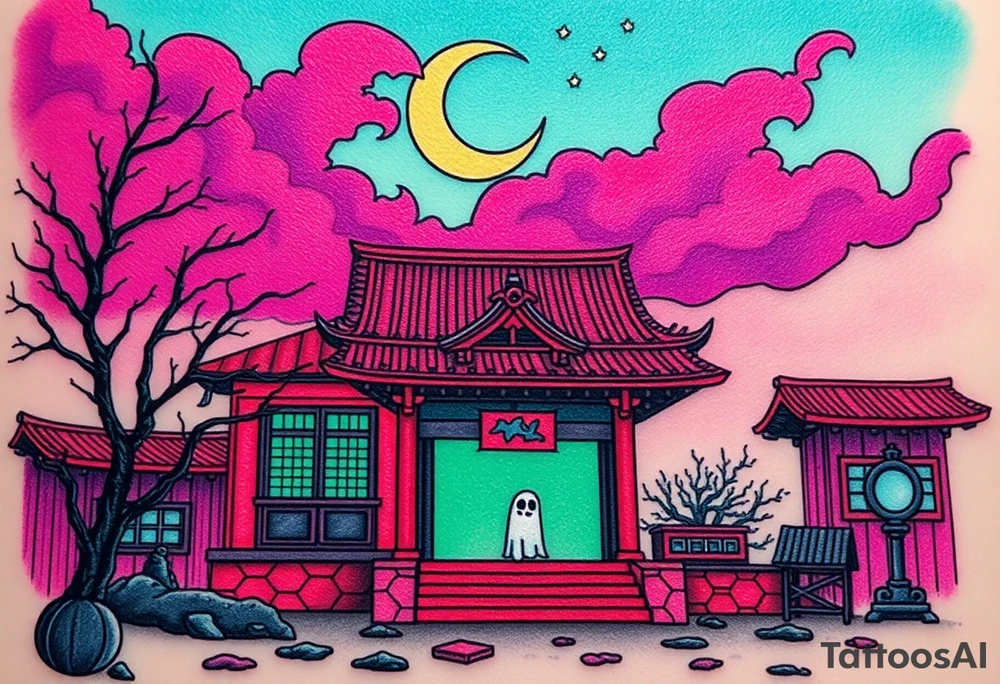 Tim Burton’s haunted pastel Tokyo shrine is abandoned except for one lone samurai ghost and dripping with muted reds, dusty pinks, and eerie green glow.purple and cyan smokey clouds swirl in the crescent moonlit sky thats sprinkled with stars tattoo idea tattoo idea