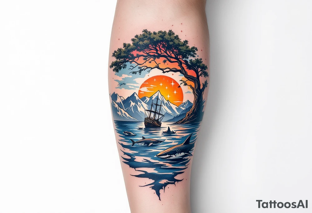 tattoo that has an acacia tree with mountains, ocean with a ship wreck with sharks and the northern star tattoo idea