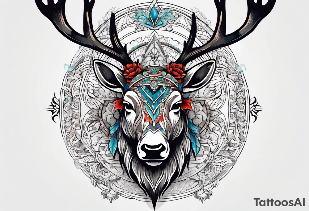 back tattoo of a front view reindeer with half the face as a skull tattoo idea