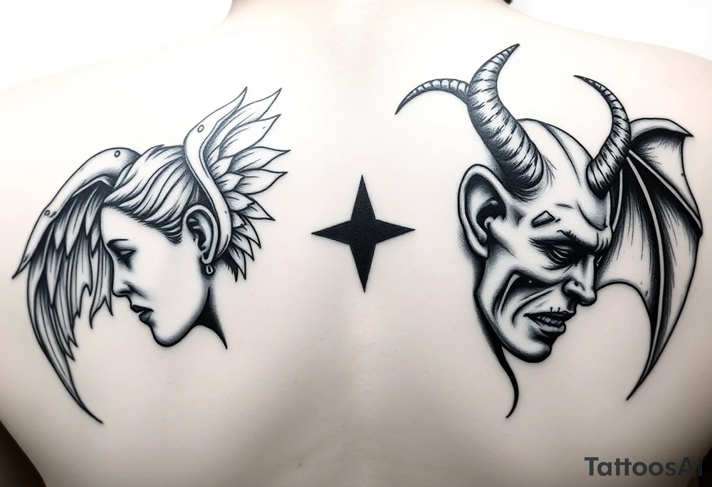 position behind the neck Angel (on the right) whispering in the right ear, demon (on the left) whispering in the left ear. It must be as realistic as possible. tattoo idea