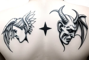 position behind the neck Angel (on the right) whispering in the right ear, demon (on the left) whispering in the left ear. It must be as realistic as possible. tattoo idea