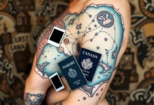 Navigator map with torn/burnt edges, with polaroids, coins, open Canadian passport, and show tickets tattoo idea