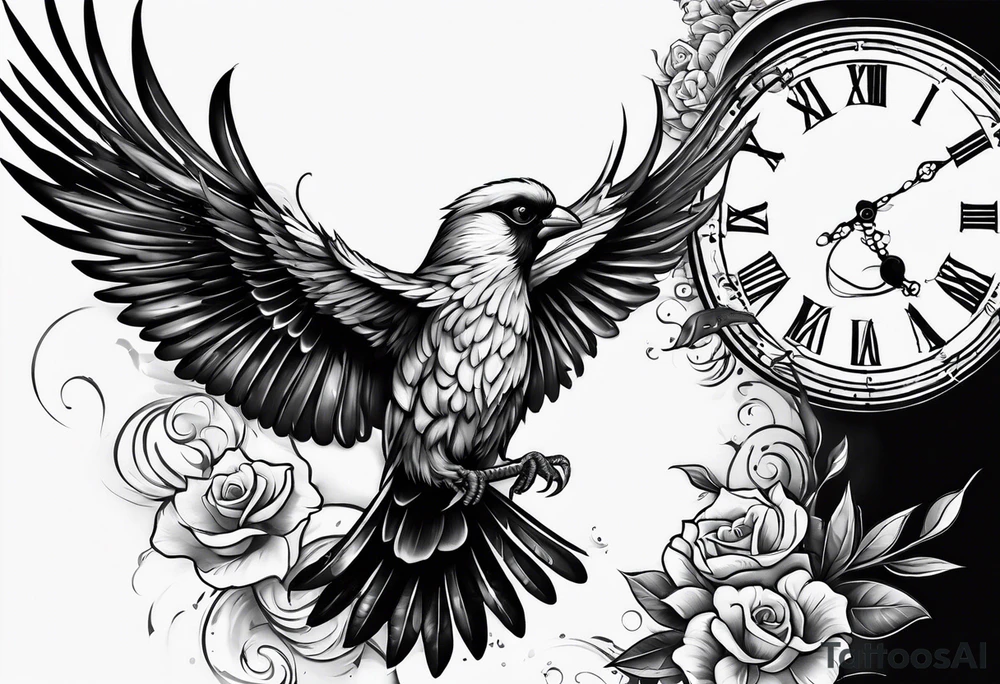 Man with pistol bird flying below and clock below bird tattoo idea
