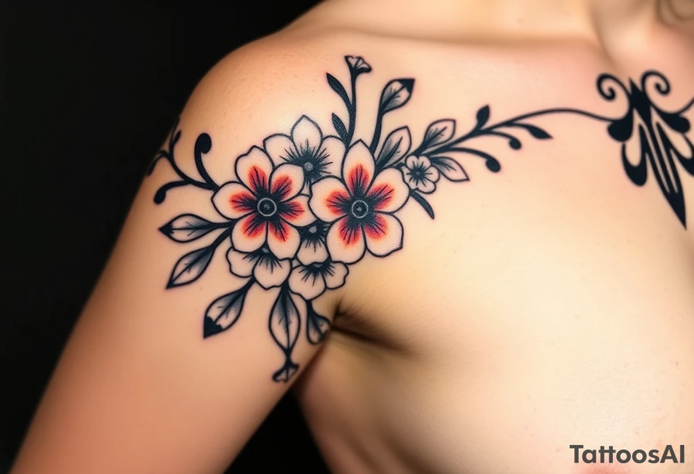 This is a tattoo of a string of flowers in bloom and is on a woman. It starts on her left side of the chest on the pectoral with a Glaiolus and Daisy pushed together. The tattoo rises over the left shoulder and down the arm and ends at the elbow. The tattoo will feature a primroses, Calla Lilys, and Lillys. They can have multiple flowers but 1 of each will pop with shading and be colored in. tattoo idea