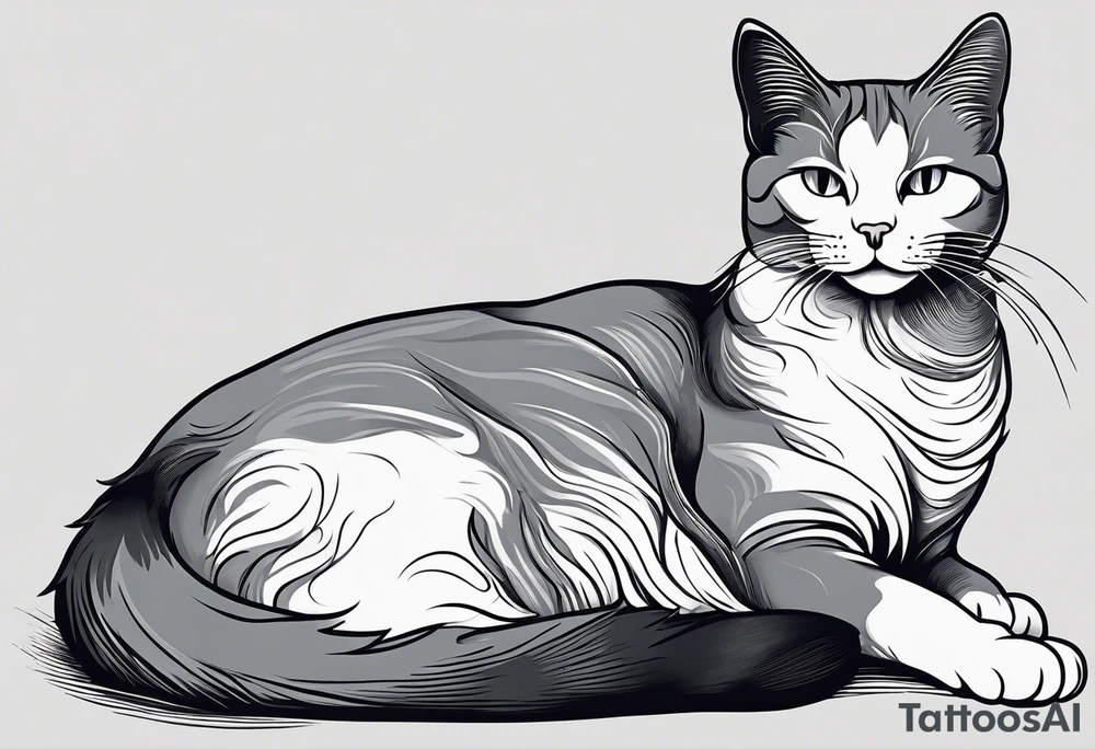 Simple line drawing of a grey cat white some small white patches on her belly and white paws. I want her curled up sleeping. tattoo idea