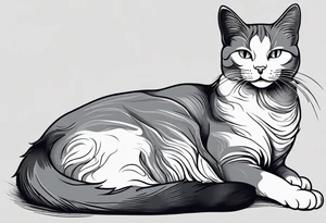 Simple line drawing of a grey cat white some small white patches on her belly and white paws. I want her curled up sleeping. tattoo idea