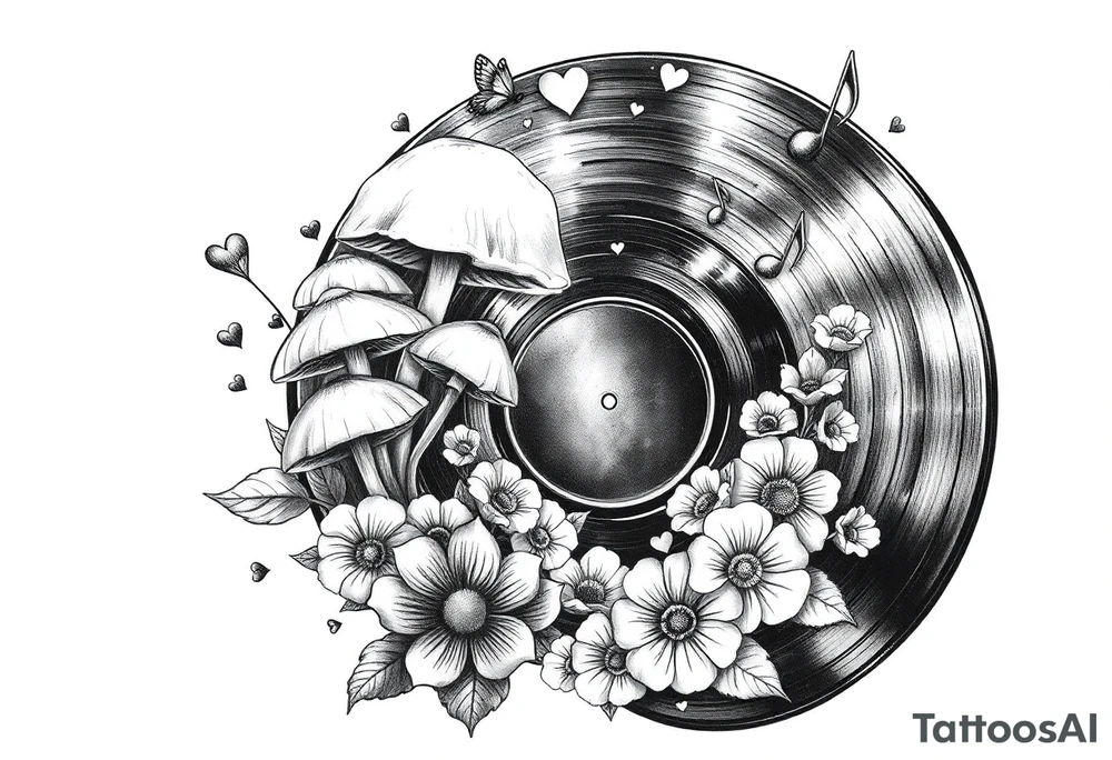 vinyl record with mushrooms, flowers, hearts, and music notes tattoo idea