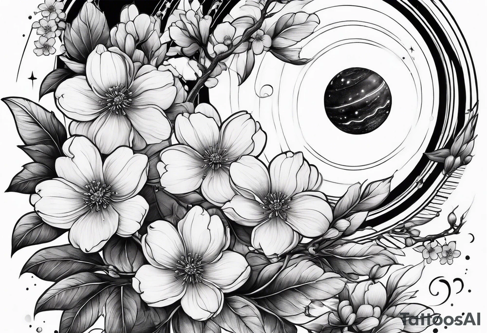 solar system with cherry blossoms spread about spine tattoo idea