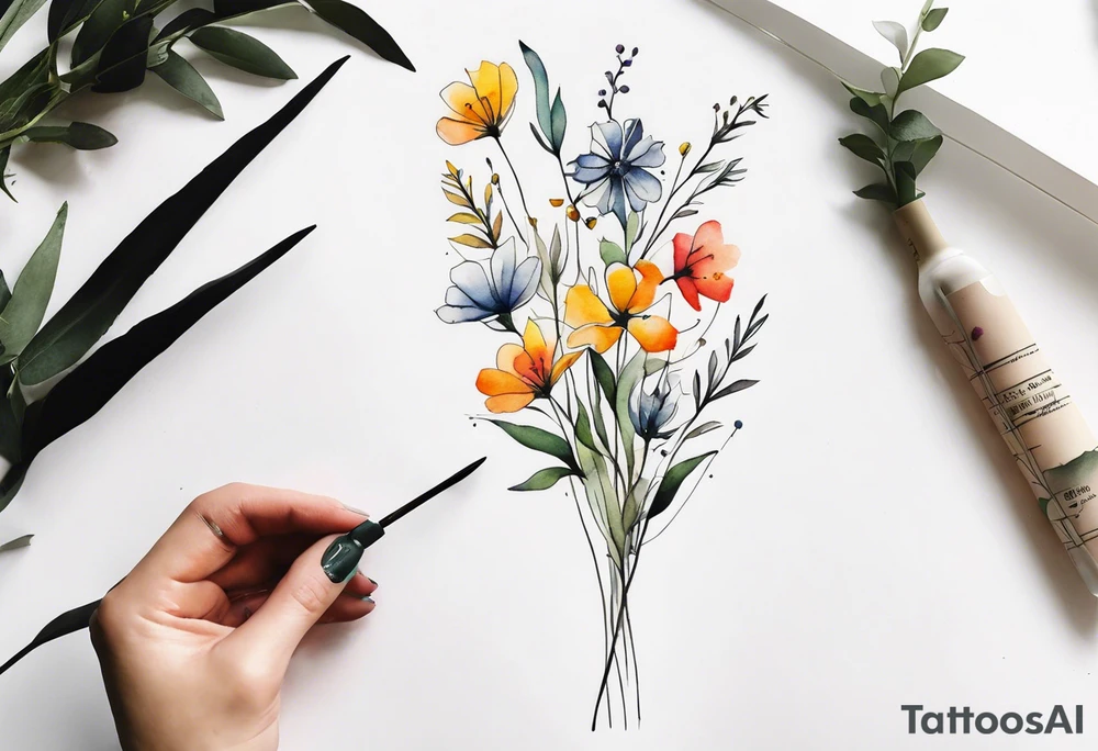 wild flowers long stems bouquet all watercolor tattoo idea