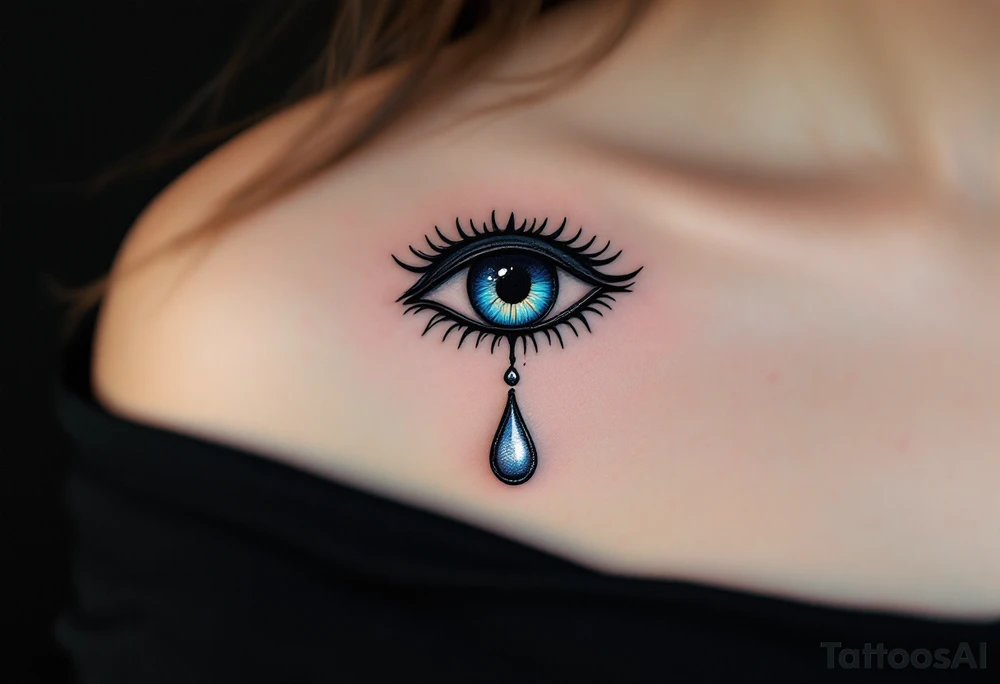 A black Nazar symbol (evil eye) with rich blue irises and a silver tear drop below. tattoo idea