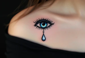 A black Nazar symbol (evil eye) with rich blue irises and a silver tear drop below. tattoo idea