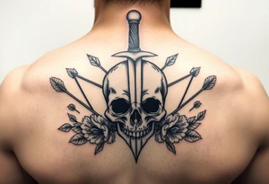 Realistic skull with dagger through it. Surrounds my arrows, flowers and leaves tattoo idea