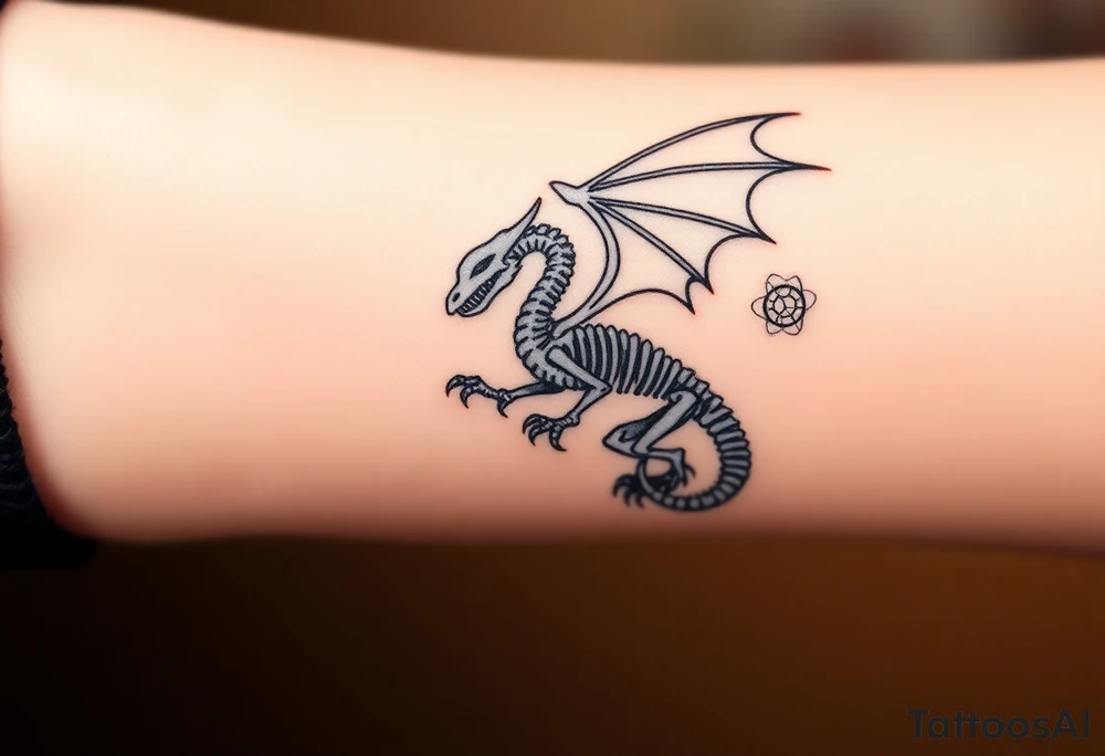 Tattoo for stardust dragon from yo gi oh 
A modern, minimalist approach using very thin black lines to outline the dragon's skeleton, surrounded by small geometric circles representing cosmic orbits or Synchro rings.
Key Feature: High precision and a clean, sophisticated look. tattoo idea