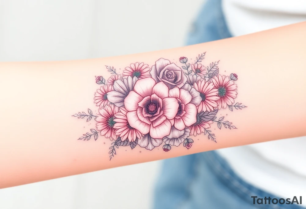 Bouquet of roses, carnations, marigolds, asters and gladioli tattoo idea