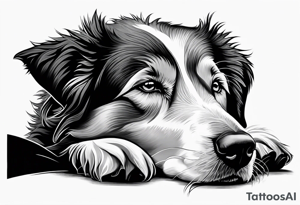 Sheepdog all black short hair with white nose one eye open one eye closed tattoo idea