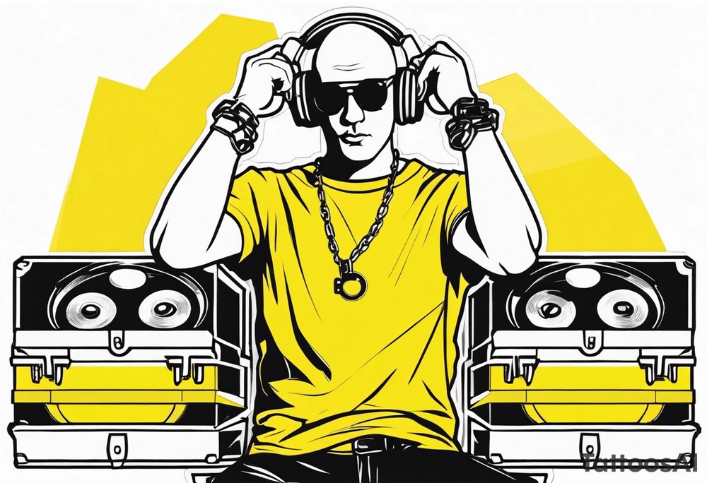 a bald german dj with handcuffs on in a bright yellow shirt with red shoe boxes around him tattoo idea