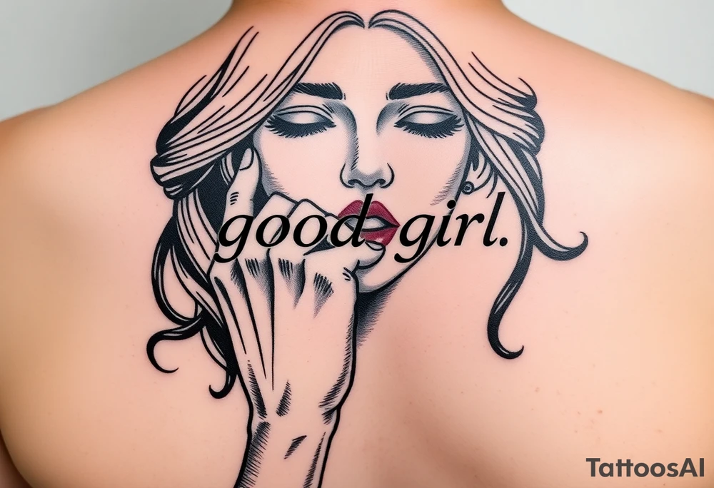 Obedient woman with a man’s hand squeezing her face and thumb in her mouth. Text saying “good girl” in traditional style over top tattoo idea