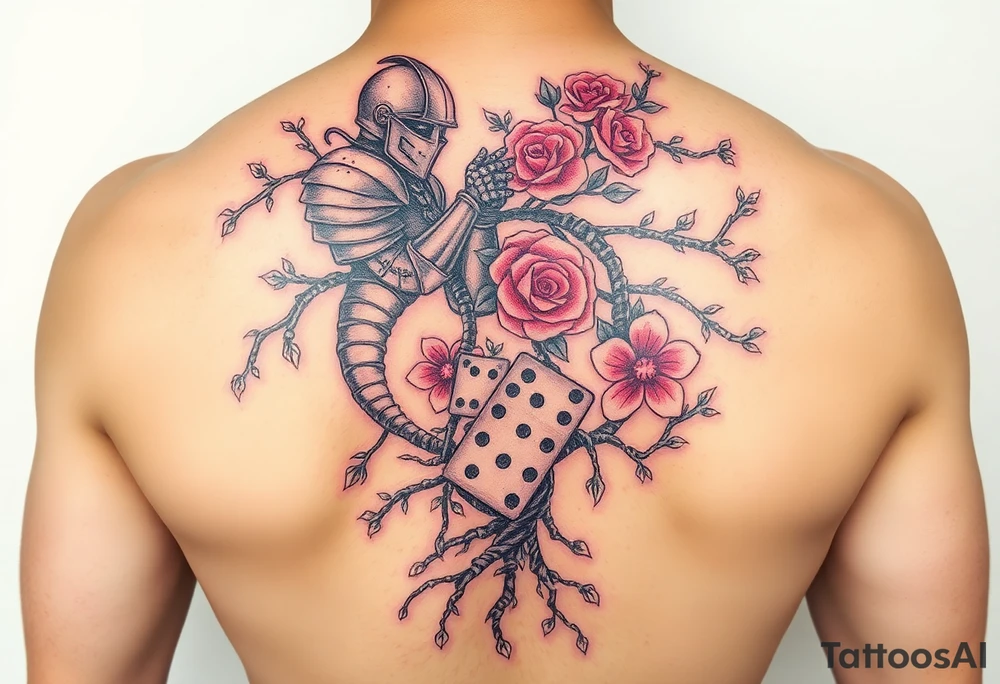 knight and squid intertwined with climbing roses and tree roots with cherry blossoms rolling dice tattoo idea
