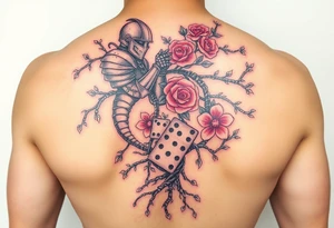 knight and squid intertwined with climbing roses and tree roots with cherry blossoms rolling dice tattoo idea