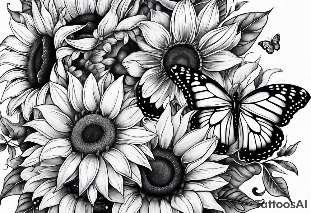 Arm sleeve with sunflowers and butterflies tattoo idea