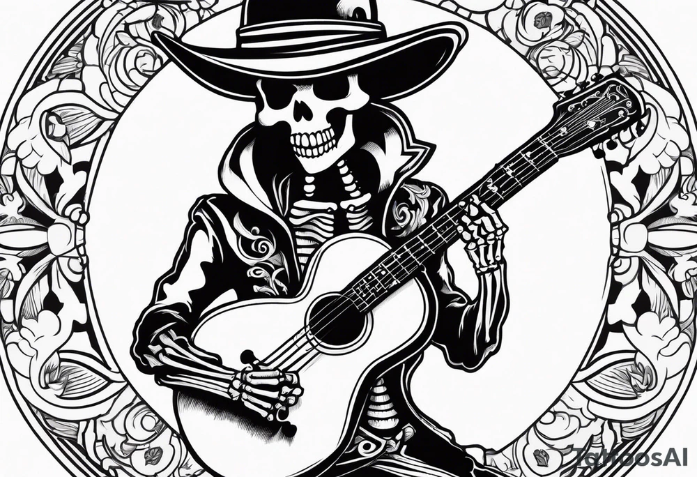 Skeleton playing guitar tattoo idea