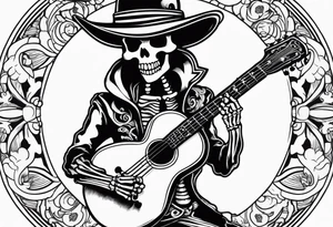 Skeleton playing guitar tattoo idea