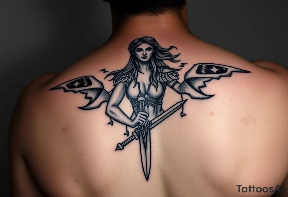 Greek goddess warrior with dagger and realistic lighting bolts going around body Greek mythology style with dark shading tattoo idea