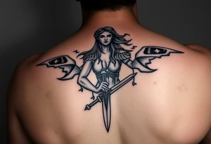 Greek goddess warrior with dagger and realistic lighting bolts going around body Greek mythology style with dark shading tattoo idea