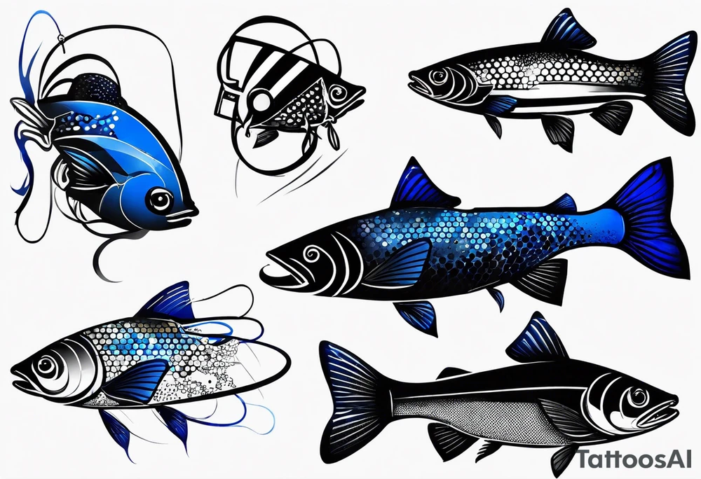 Trash polka blue and black fly fishing theme rib piece. A small about of hexagon pattern. tattoo idea