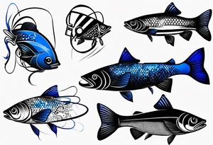 Trash polka blue and black fly fishing theme rib piece. A small about of hexagon pattern. tattoo idea