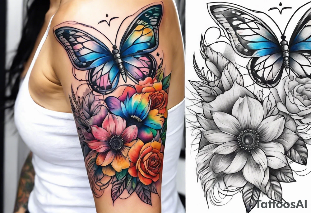 arm sleeve with dreamcatcher, rainbow flowers and one butterfly tattoo idea