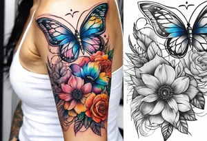 arm sleeve with dreamcatcher, rainbow flowers and one butterfly tattoo idea