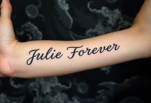 Julie Forever breathing iridescent fire against stormy skies tattoo idea