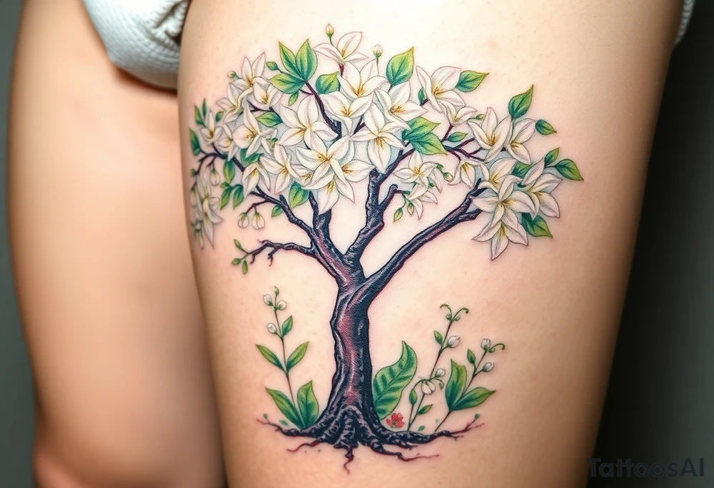 Flowering hawthorne tree with white lilly of the vally bell plants planted by  tree with other lilly plants t8q tattoo idea