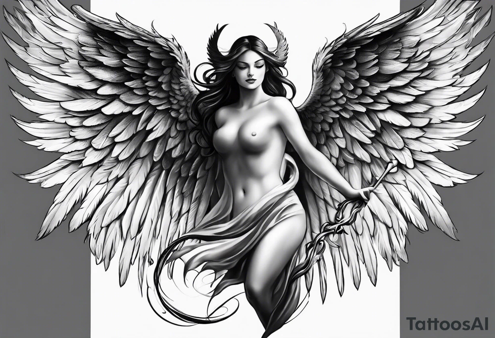 soft delicate angel wing and devil wing tattoo idea