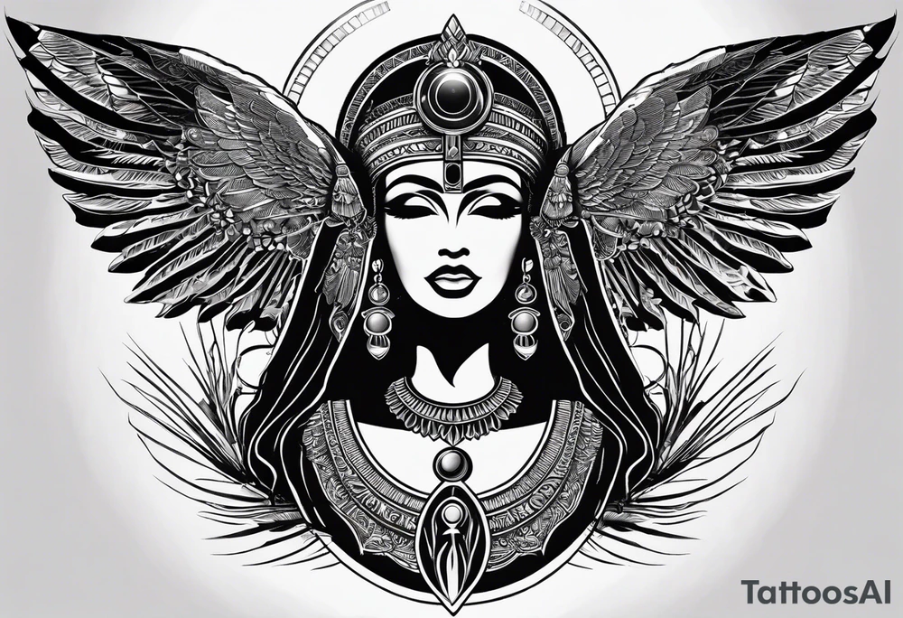 black and white Egyptian goddess Isis, who is often depicted as a woman with outstretched wings, holding an ankh (a symbol of life) in one hand and a lotus flower in the other. Her headdress often includes a throne or a solar disk. The tattoo design can vary in style and size, but it typically aims to capture the essence of this revered Egyptian deity, emphasizing her beauty, power, and maternal qualities. The choice of colors and additional elements can also be customized to create a unique and visually striking representation of the goddess Isis tattoo idea