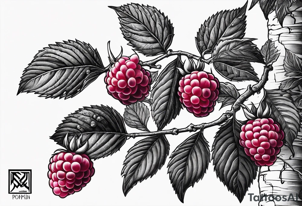 a long raspberry branch that focuses on line work. Includes a small signature in the branches that says "Popkin" tattoo idea