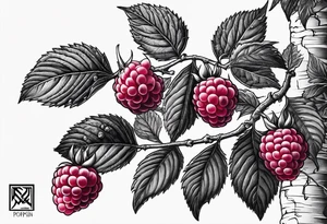 a long raspberry branch that focuses on line work. Includes a small signature in the branches that says "Popkin" tattoo idea