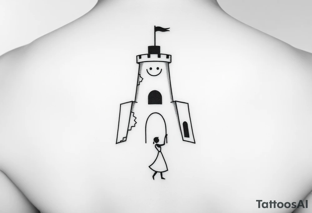 Draw a minimal trapezoid shape as the main background.

Inside the trapezoid:

A small simple castle at the top center, with smooth walls and a short tower on one side.

A tiny black rectangle (like a small brick) inside the castle wall, representing a Tramadol pill.

A small smiling mask on the tower, with two dots for eyes and a curved line for a mouth.

A thin irregular crack running from the bottom to the top of the castle wall.

A thin diagonal ray of light coming out of one castle window.

A very simple abstract figure of a dancer in the castle courtyard, made of a few lines.


The design should look clean and minimal overall. tattoo idea