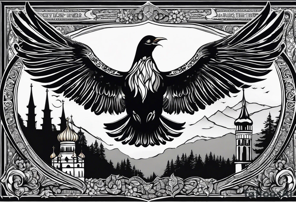 russian firebird in-flight with fancy tail and small onion cap monastery towers in background, with "Isaiah 43: 18-19" tattoo idea