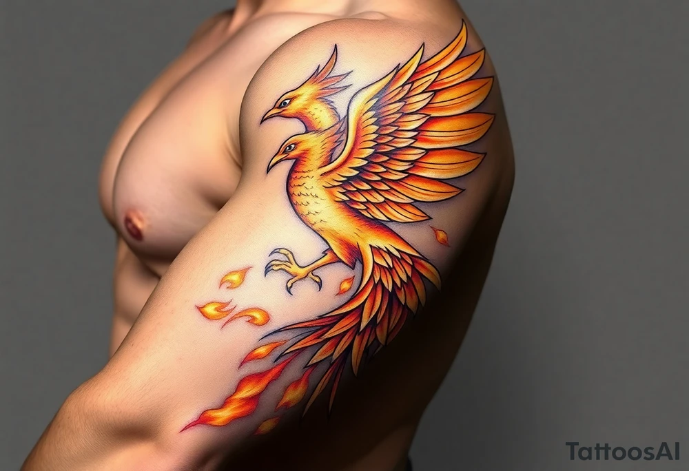 magnificent phoenix rising from golden flames with trailing embers tattoo idea